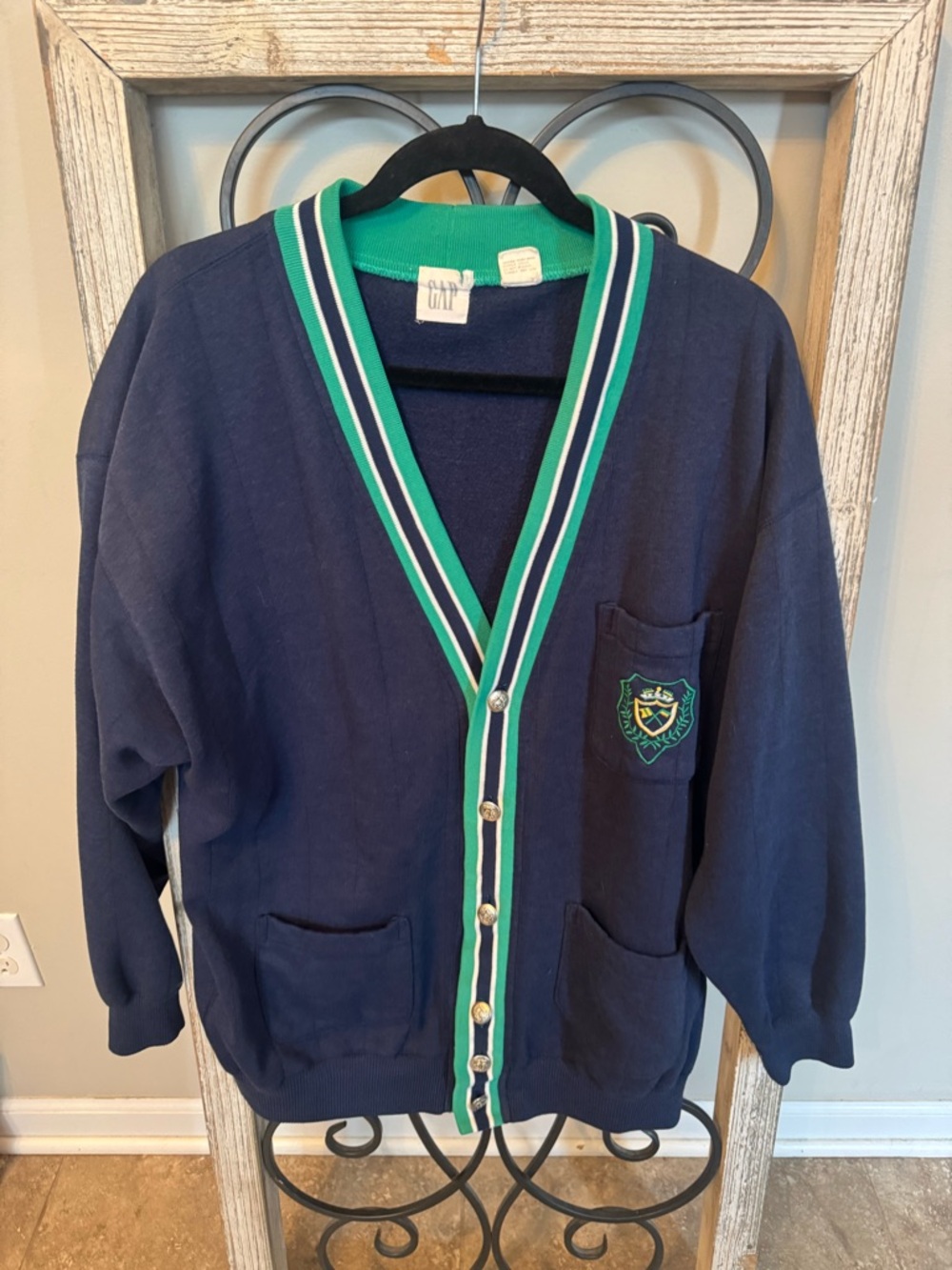 GAP‎ Vintage Cardigan Navy Green Crest Preppy 90s Button Sweater Mens L